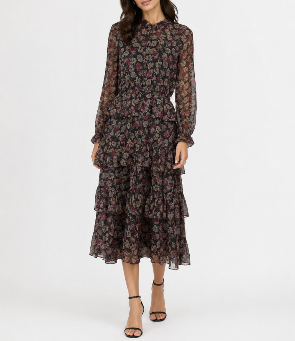 LoveShackFancy Floral Silk Chiffon Tiered Ruffle Midi Dress Black Size 2